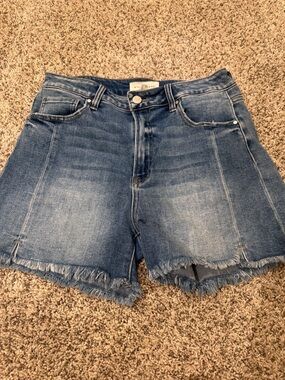 High-Rise Frayed Hem Denim Shorts - Blue